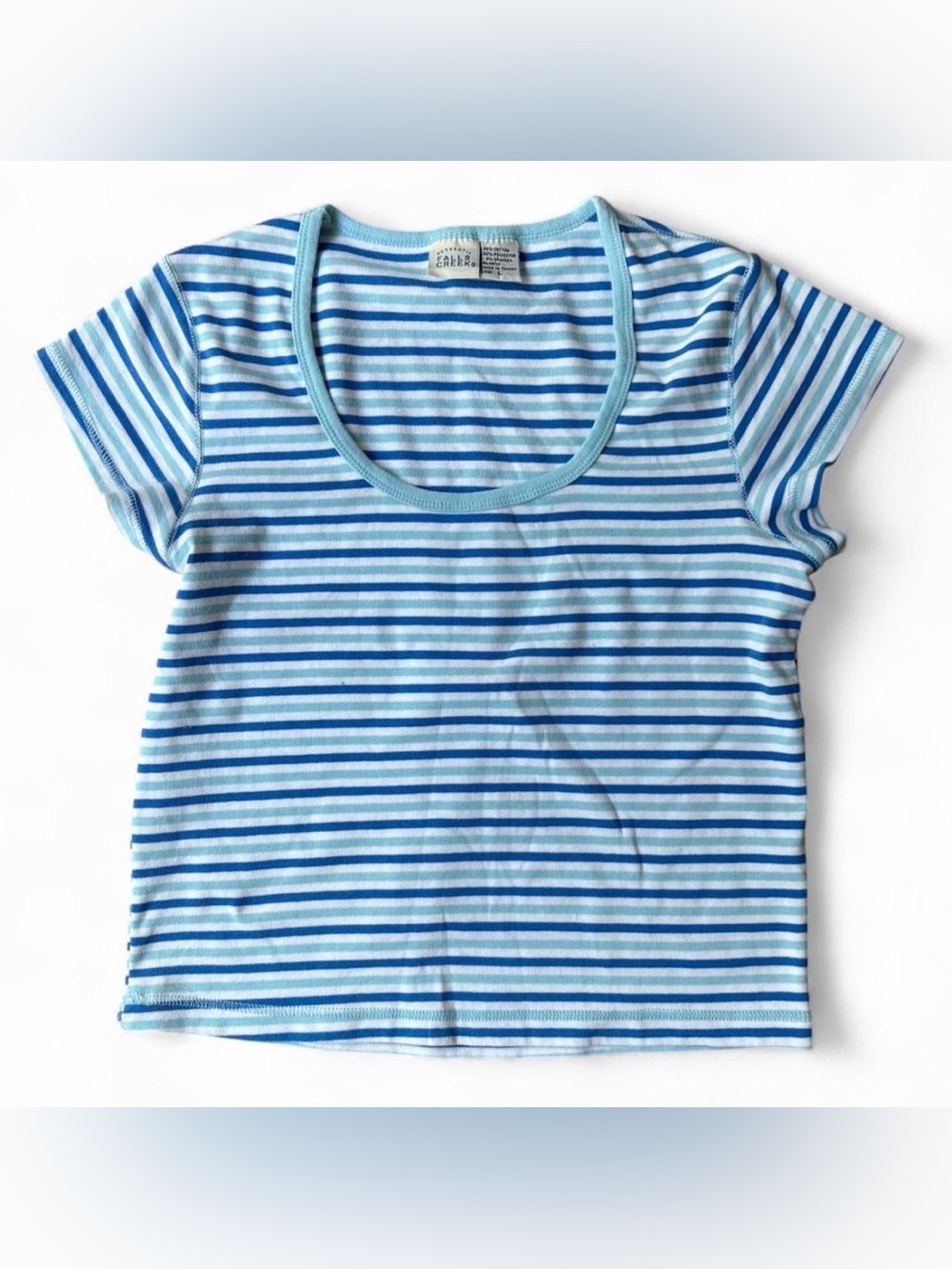 Vintage Y2K Blue Striped Cap Sleeve Baby Tee – Large